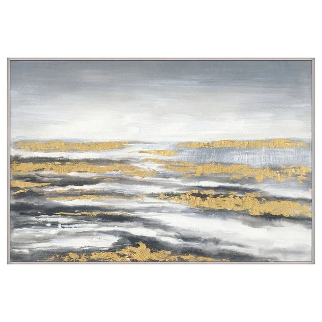 60" x 40" Horizon Abstract Handpainted Canvas Wall Art - Gray/Gold