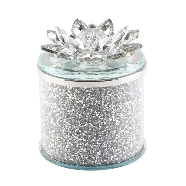 5" Round Crystal Lotus Box - Silver