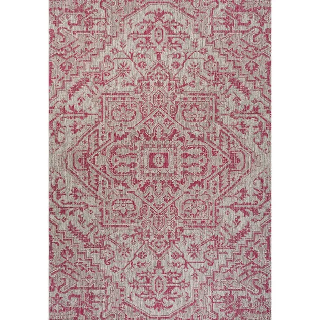 Estrella Bohemian Medallion Textured Weave 120" L x 93" W Indoor/Outdoor Area Rug - Light Gray/Fuchsia