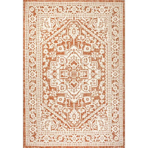 Sinjuri Medallion Textured Weave 144" L x 108" W Indoor/Outdoor Area Rug - Orange/Cream