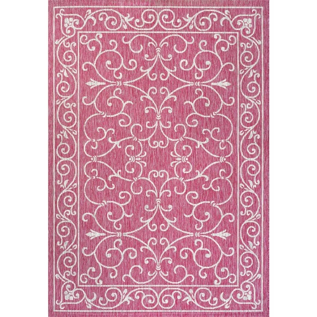 Charleston Vintage Filigree Textured Weave 72" L x 47" W Indoor/Outdoor Area Rug - Fuchsia/Light Gray