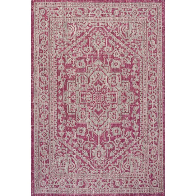 Sinjuri Medallion Textured Weave 120" L x 93" W Indoor/Outdoor Area Rug - Fuchsia/Light Gray