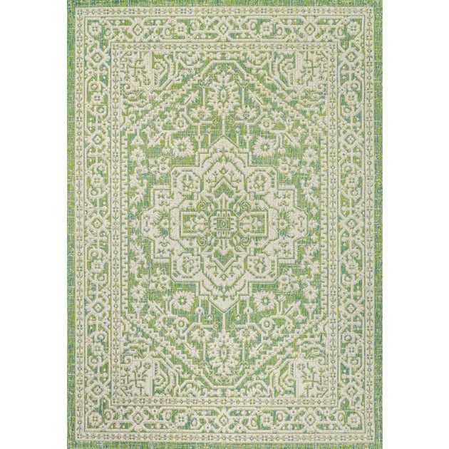 Sinjuri Medallion Textured Weave 60" L x 37" W Indoor/Outdoor Area Rug - Cream/Green