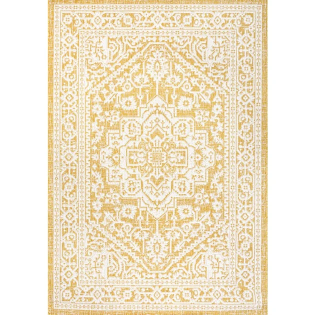 Sinjuri Medallion Textured Weave 60" L x 37" W Indoor/Outdoor Area Rug - Yellow/Cream