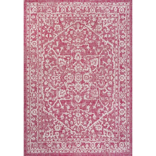 Malta Bohemian Medallion Textured Weave 120" L x 93" W Indoor/Outdoor Area Rug - Fuchsia/Light Gray