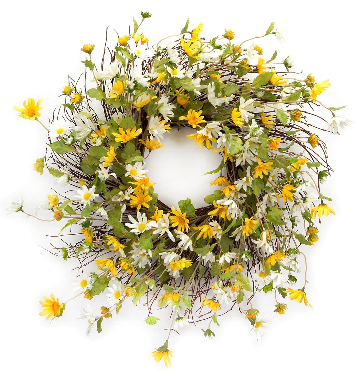 Mixed Daisy Floral Wreath – 6"H Depth – 24"D Polyester Yellow White Flowers for Door Wall Mantel Seasonal Decor By Melrose