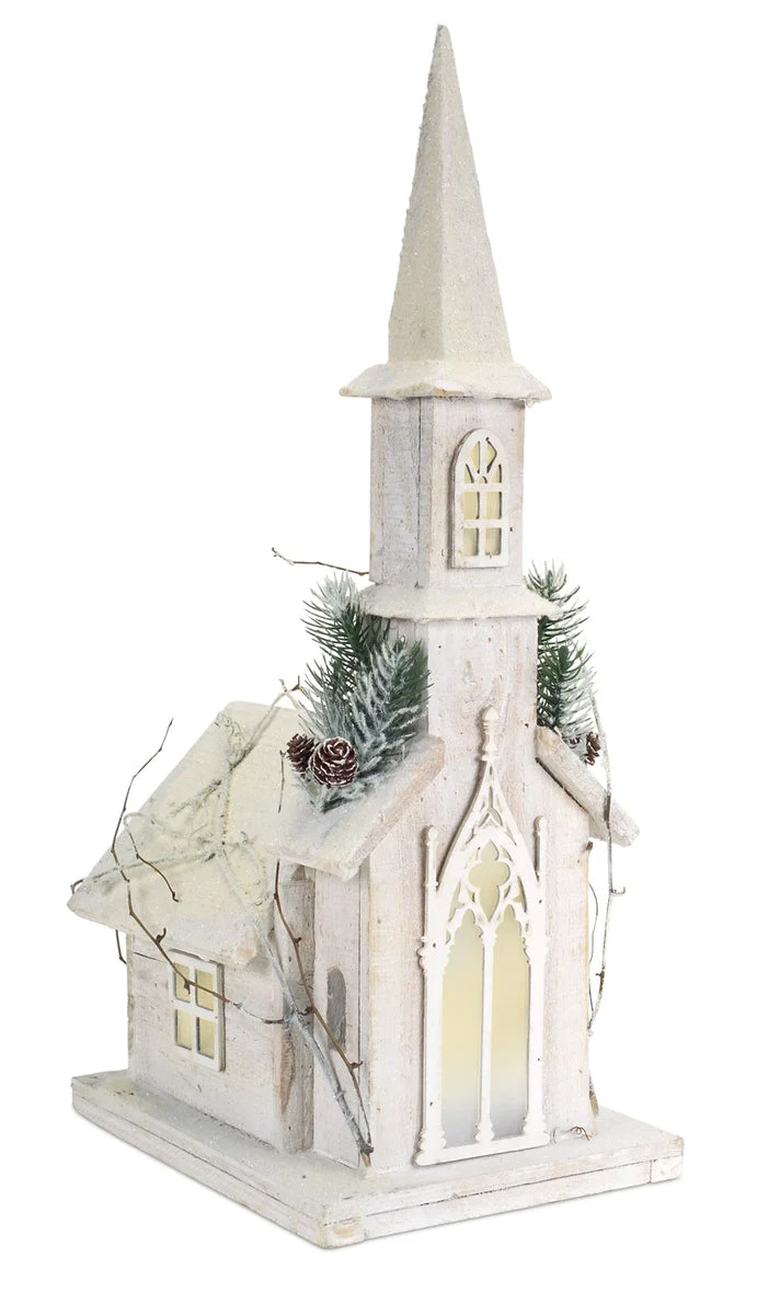 Melrose LED Lighted Wooden Church with Frosted Pine Accents 20"H