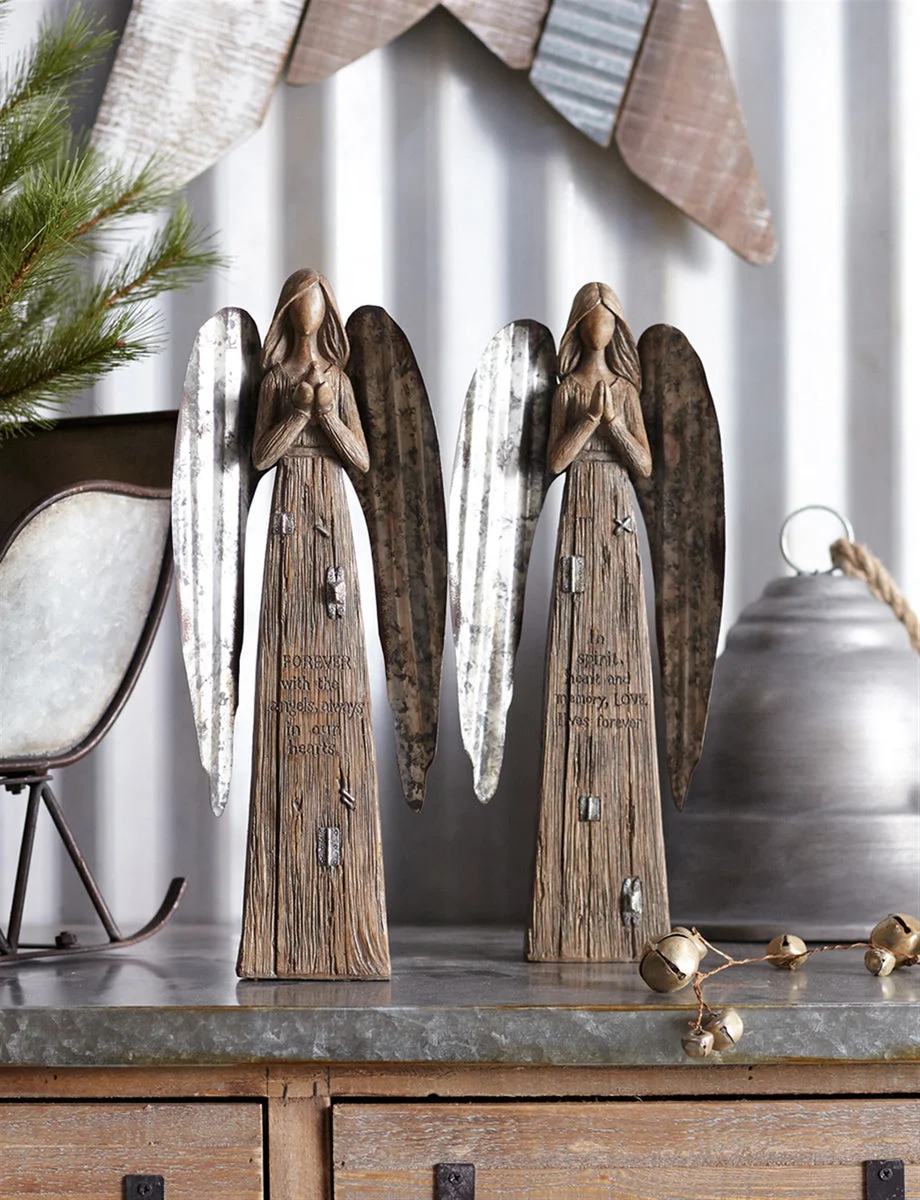 Rustic Polyresin Angel Figurine with Metal Wings 13.75" (Set of 2) by Melrose
