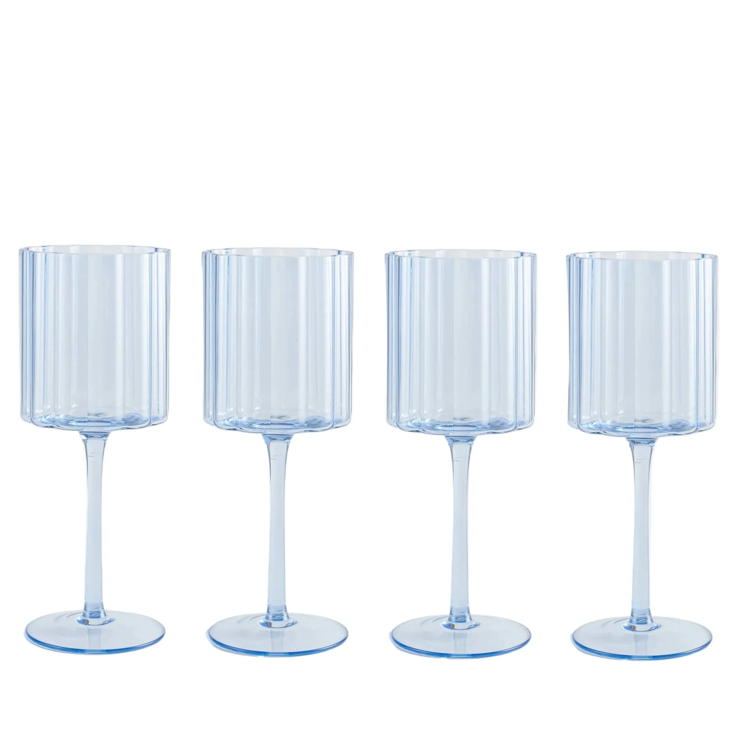 Scalloped Edge Blue Wine Glasses // Set of 4