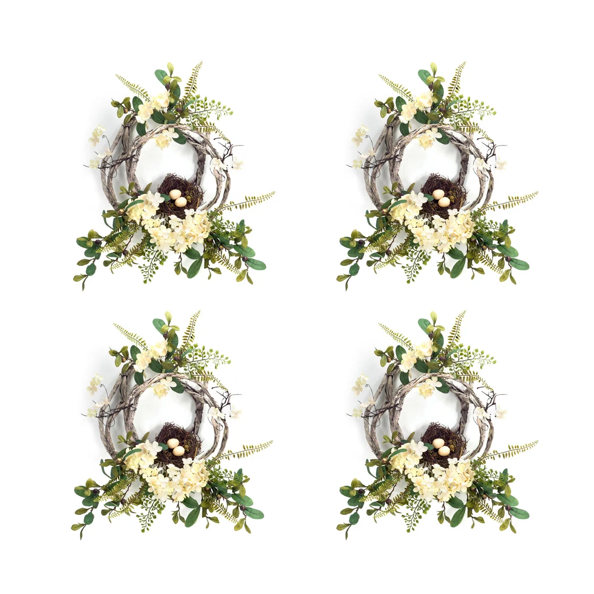 Grapevine Wreath with Hydrangea and Bird Nest Accents – 20" (Set of 4) by Melrose