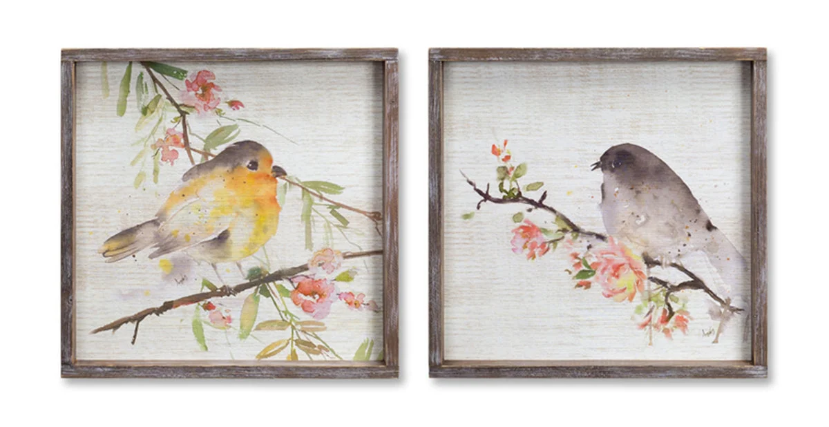 Wood Framed Watercolor Bird Plaque – 16.5" Wall Art (Set of 2) by Melrose