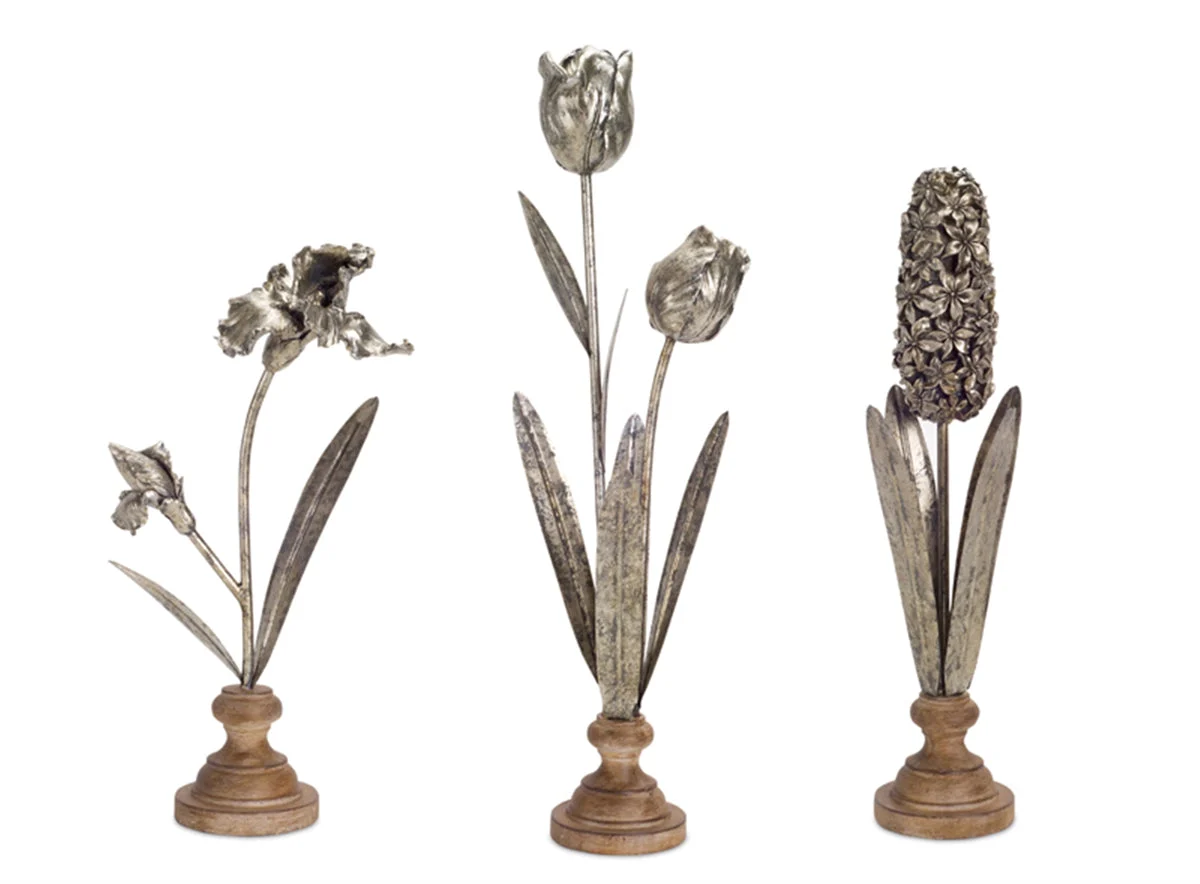 Melrose Metal Floral Stem Sculpture with Wood Style Base (Set of 3)