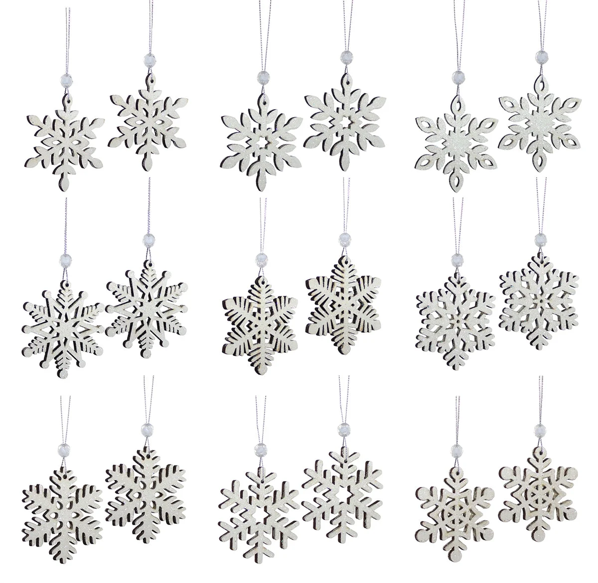 Mini Snowflake Tree Ornaments – Wood Holiday Set of 18 by Melrose