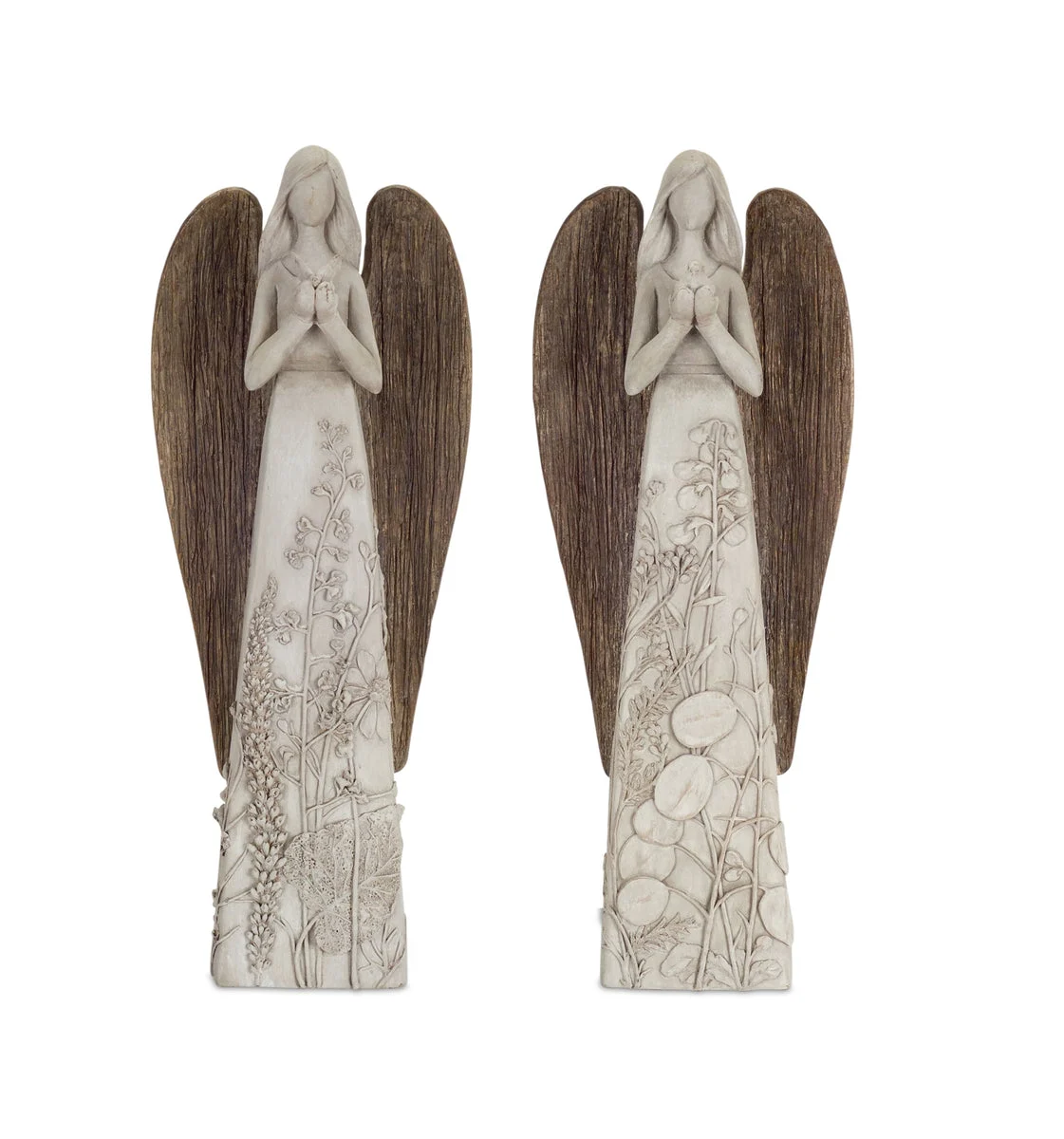 Floral Sculpted Angel Figurines with Wood-Style Wings – Set of 2 by Melrose