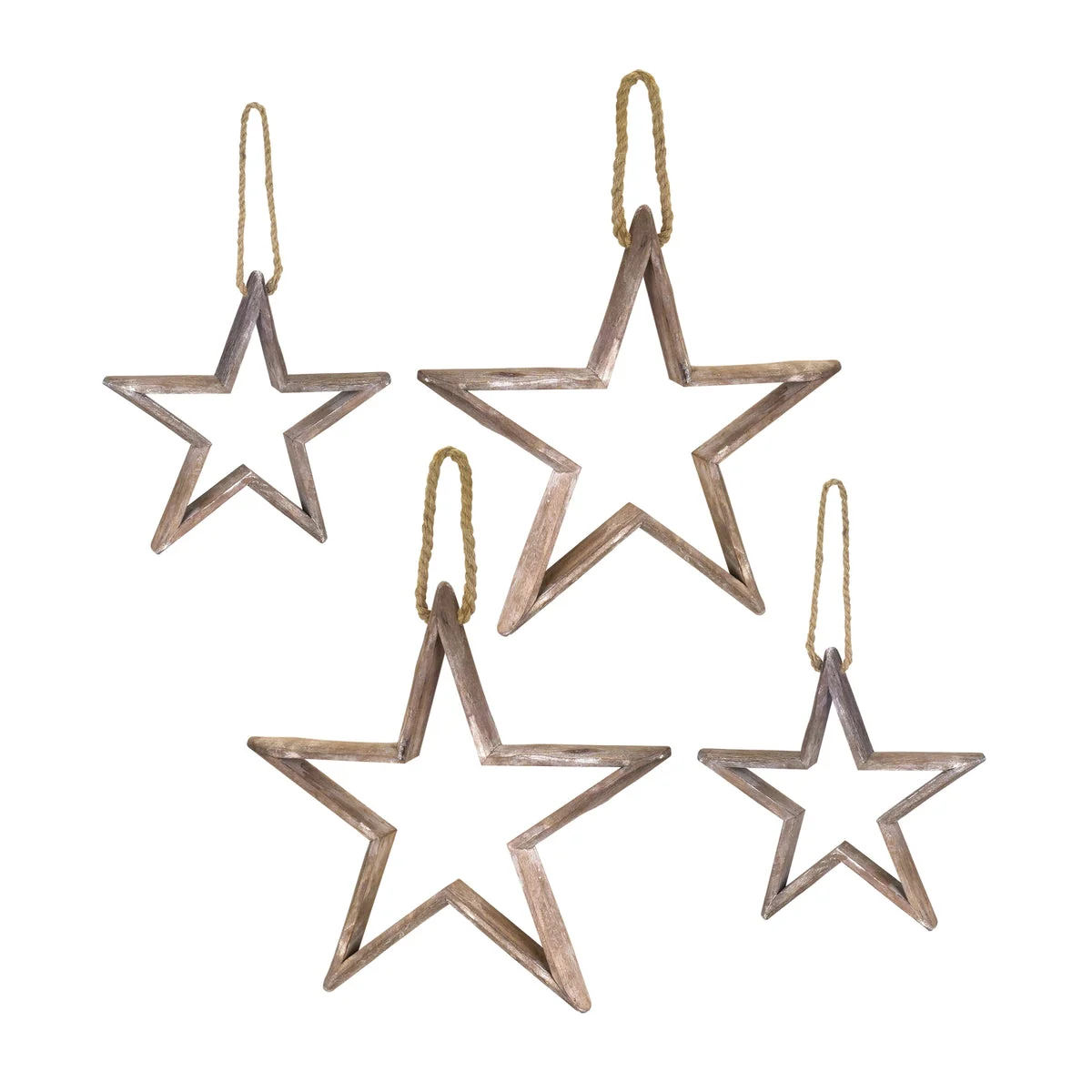 Wooden Star Ornaments 12.5" with Jute Hangers – Set of 4 by Melrose