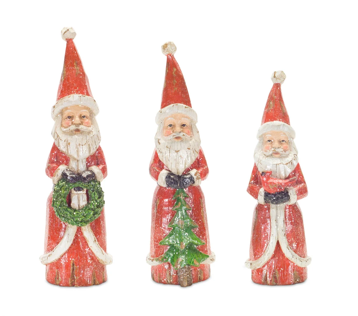 Santa Figurines with Distressed Wood Finish – Set of 3 Holiday Decor by Melrose