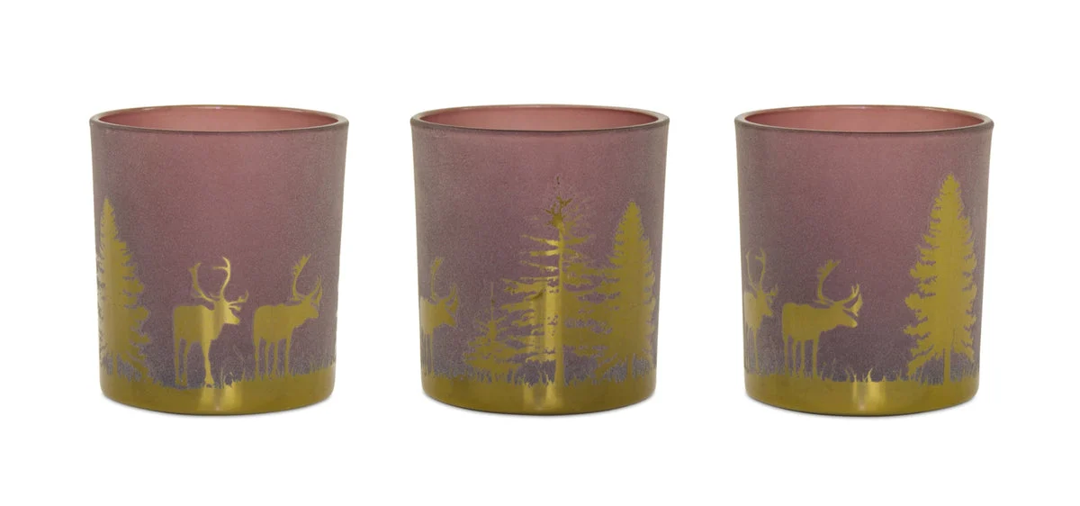 Frosted Glass Tea Light Holders with Woodland Scene – Set of 3 by Melrose