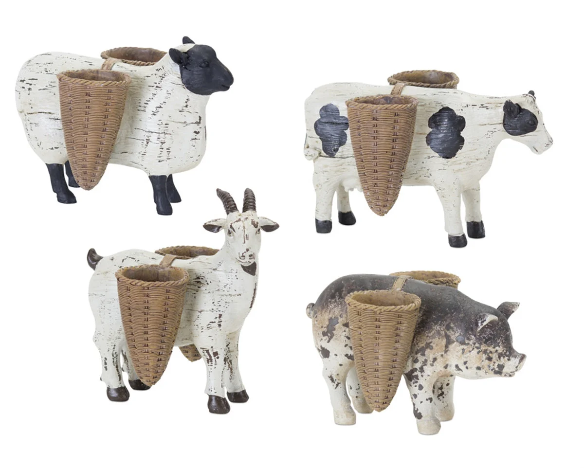 Rustic Resin Farm Animal Figurines with Basket Vases – Set of 4 –5.75" Tall by Melrose