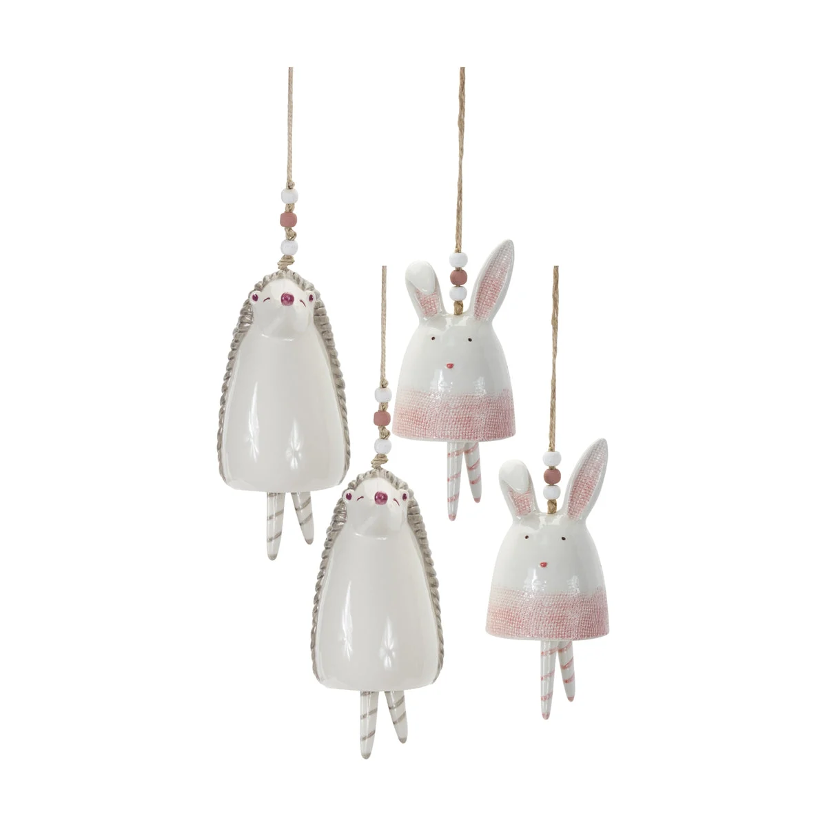 Bunny & Hedgehog Pastel Hanging Bell Ornaments – 7" Tall (4-Piece Set) by Melrose