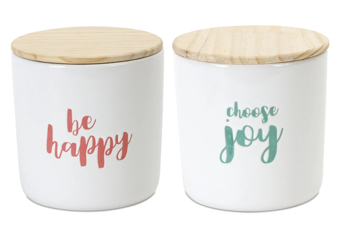 Neutral Stoneware Canister Set Wood Lids with Sentiment Designs 4.75" – 2 Piece by Melrose