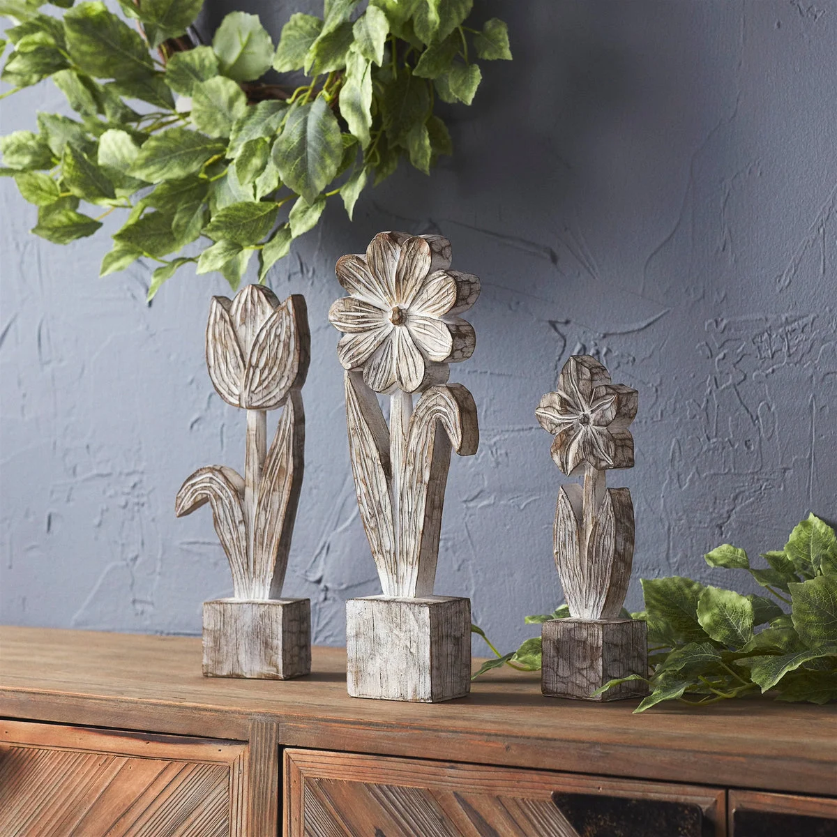 White Washed Potted Floral, Set of 3 Polyresin Stone Powder Rustic Sculptures 10.5"H-14.25"H by Melrose