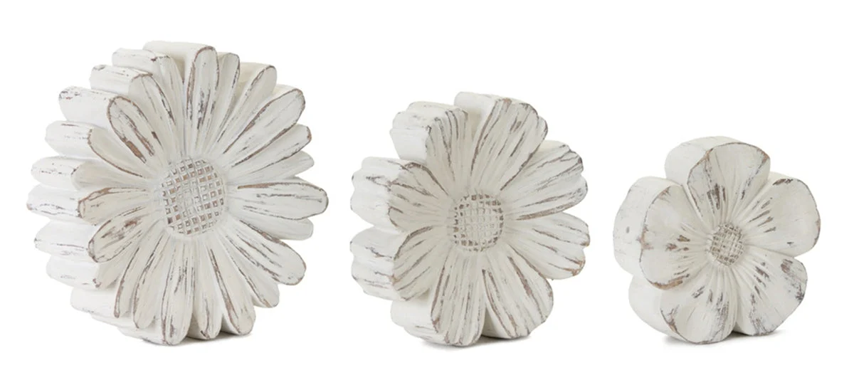 White Washed Stone Flower Decor – Set of 3 Rustic Polyresin Floral Sculptures in Assorted Sizes By Melrose