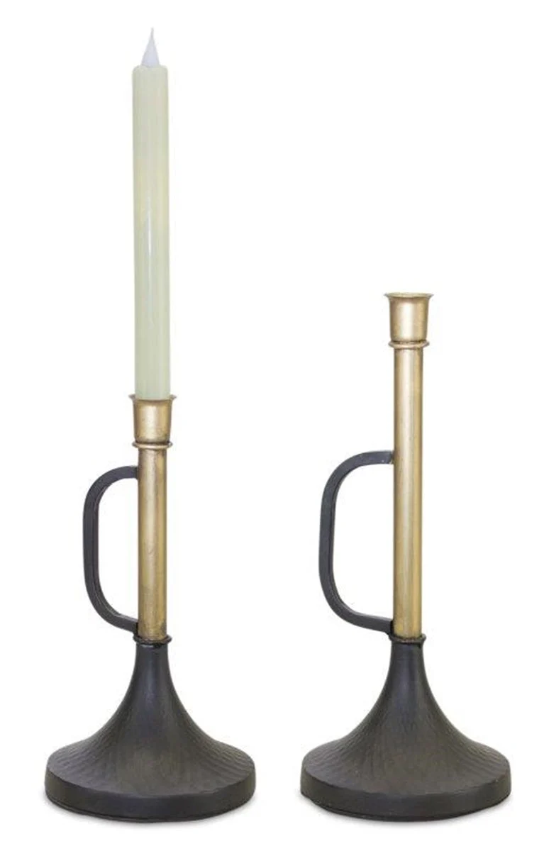 Metal Trumpet Taper Candle Holder (Set of 2) – 9.25"H & 12"H – Black & Gold – By Melrose