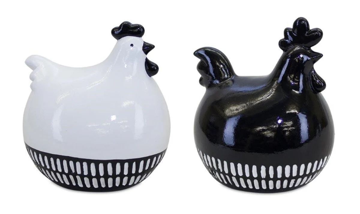 Modern Chicken Figurines – 8"H – Set of 2 Black White Terra Cotta Home Decor – By Melrose