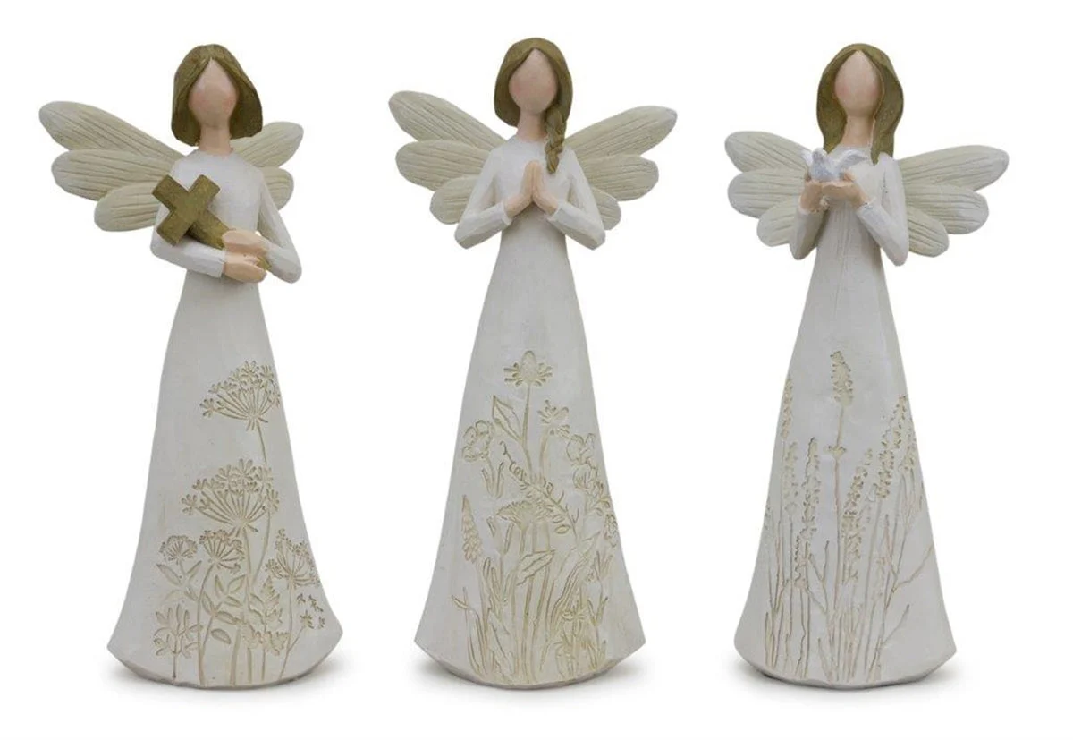 Angel Figurine Trio with Floral Etching – 8.75"H – Neutral Polyresin (Set of 3) for Home Decor – By Melrose