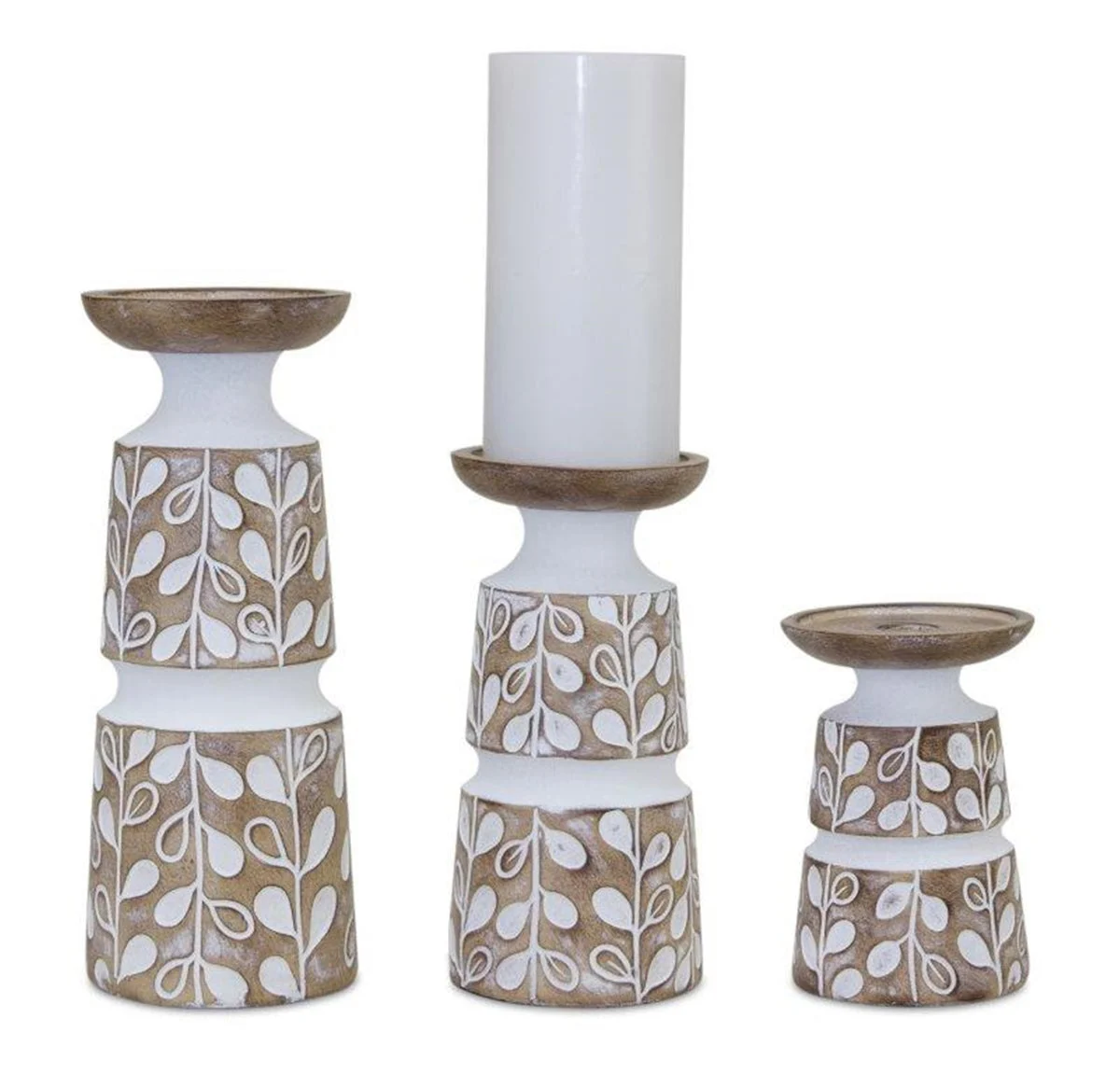 Leaf Pattern Candle Holder Set – 10.25"H – White Washed Faux Wood Design Trio – By Melrose