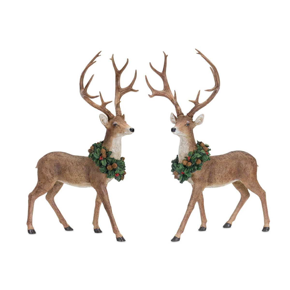 Holiday Standing Deer Figurines with Wreath Accents – 28"H – Set of 2 Woodland Designs – By Melrose