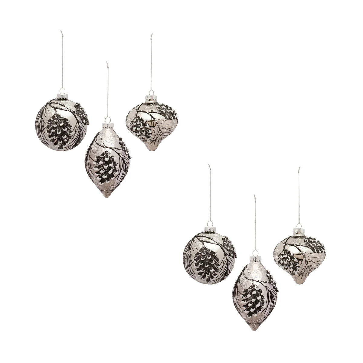 Melrose Silver Pine Cone Glass Ornament with Snowy Accent (Set of 6)
