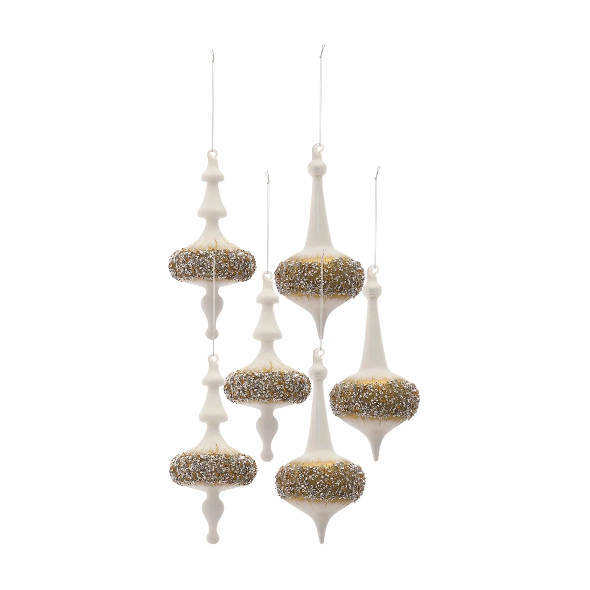 Set of 6 Glass Finial Ornaments – White, Gold, Silver – 8.25 Inch Christmas Tree Decor – By Melrose