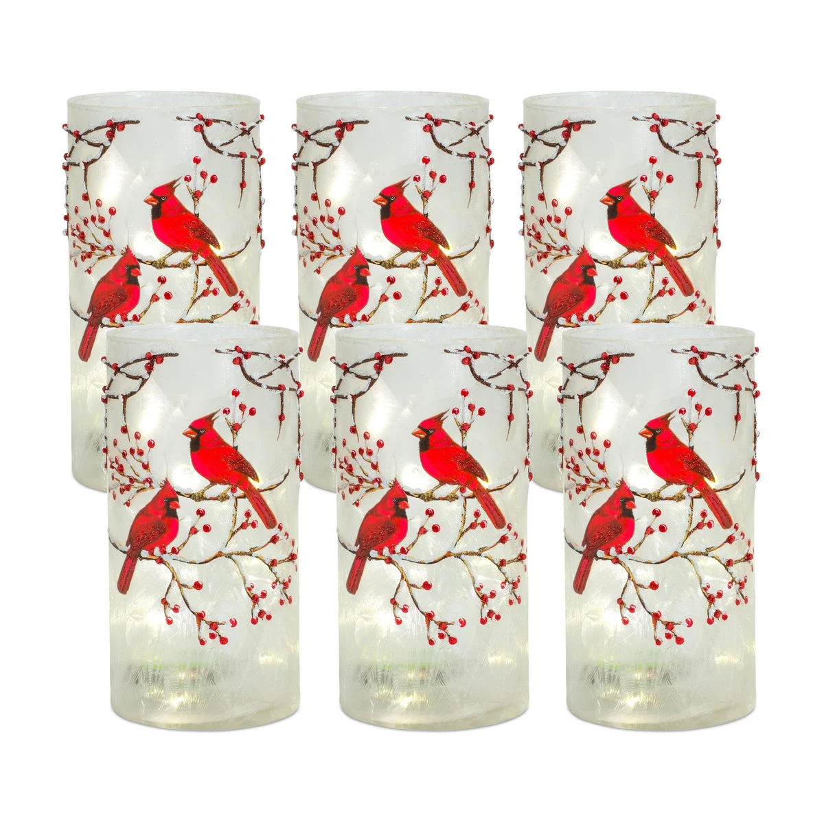 Candle Holder Set, Frosted Glass Cardinal Votive – 8"H Christmas Decor with Beaded Accents, Set of 6 By Melrose
