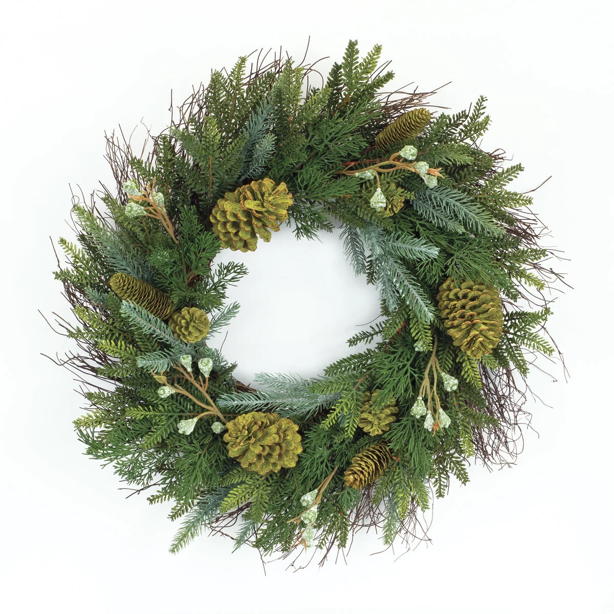 Mixed Winter Pine Wreath – 23"D PVC Christmas Door Decor with Pinecones & Twig Accents By Melrose