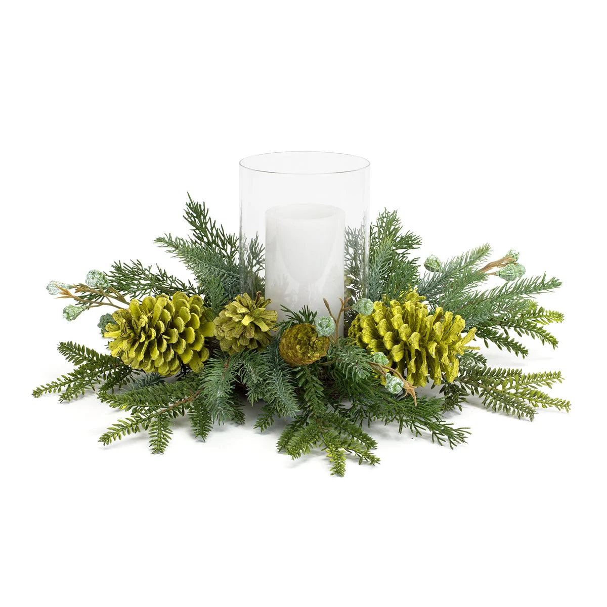Mixed Winter Pine Candle Holder – 18"D Holiday Centerpiece with Pinecones & Glass Hurricane By Melrose
