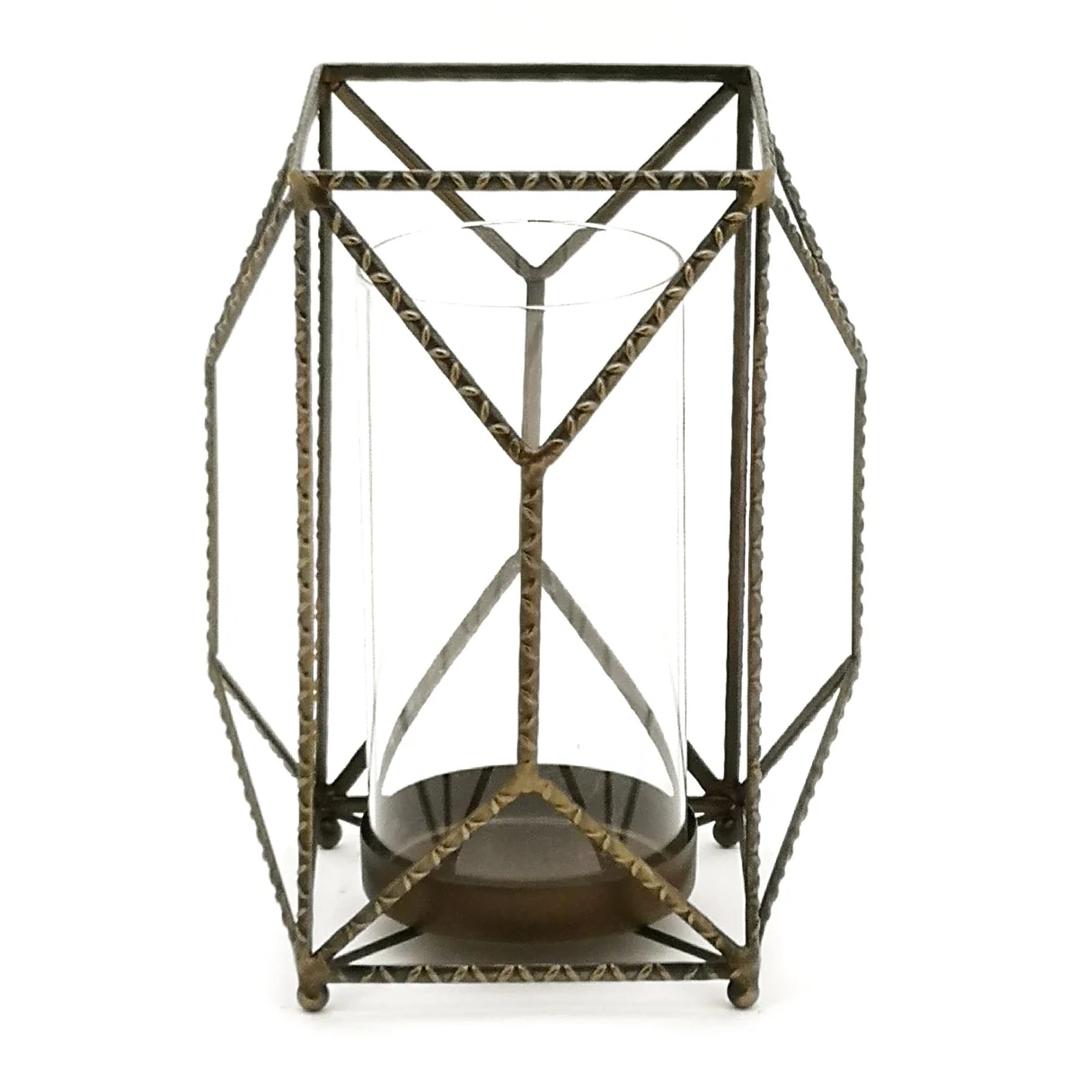 Geometric Gold Iron Candle Holder with Glass Hurricane – 10.25"H Modern Pillar Display by Melrose