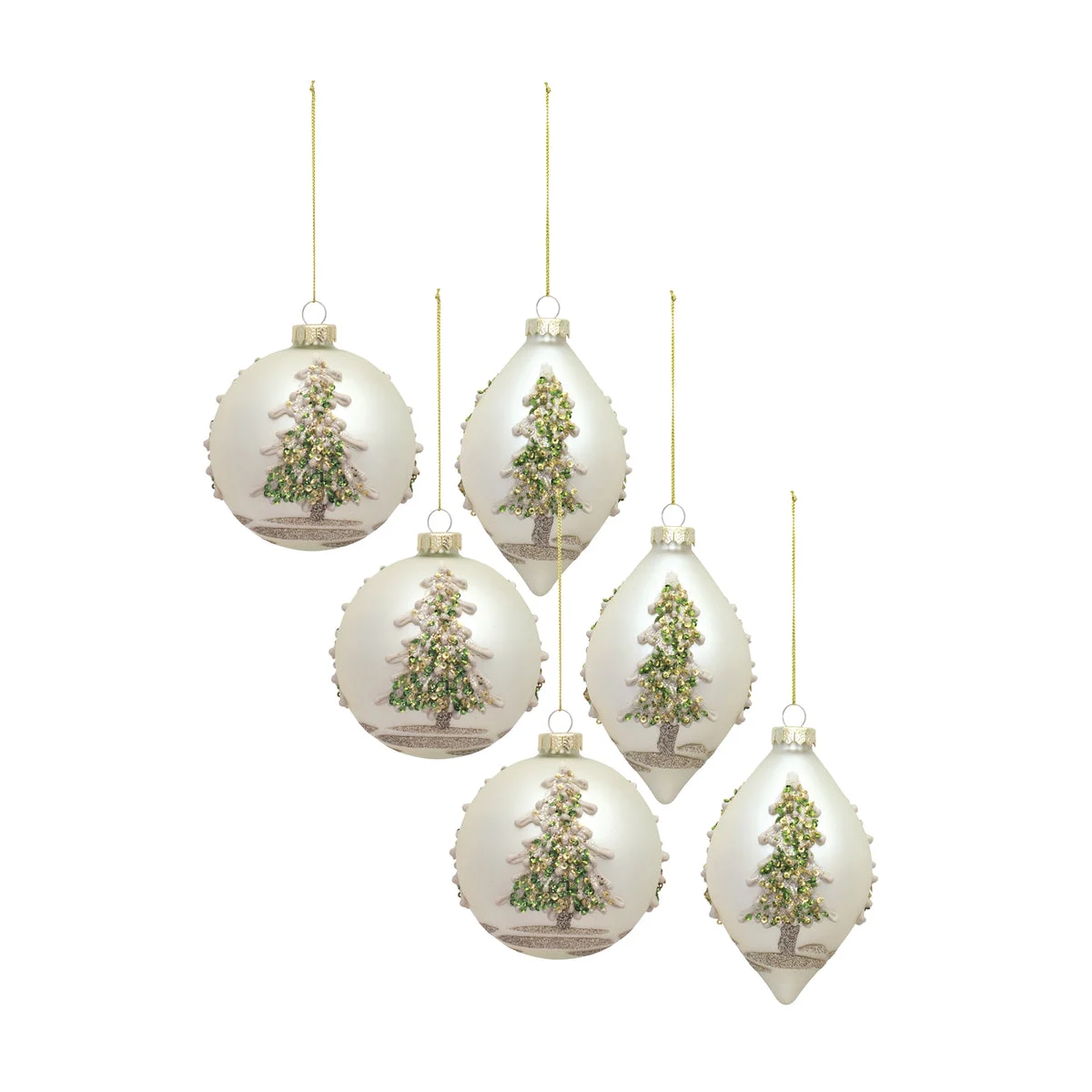 Painted Snowy Pine Tree Ball Ornament, Set of 6 – Green & Silver Glass Onion/Globe Christmas Accents by Melrose