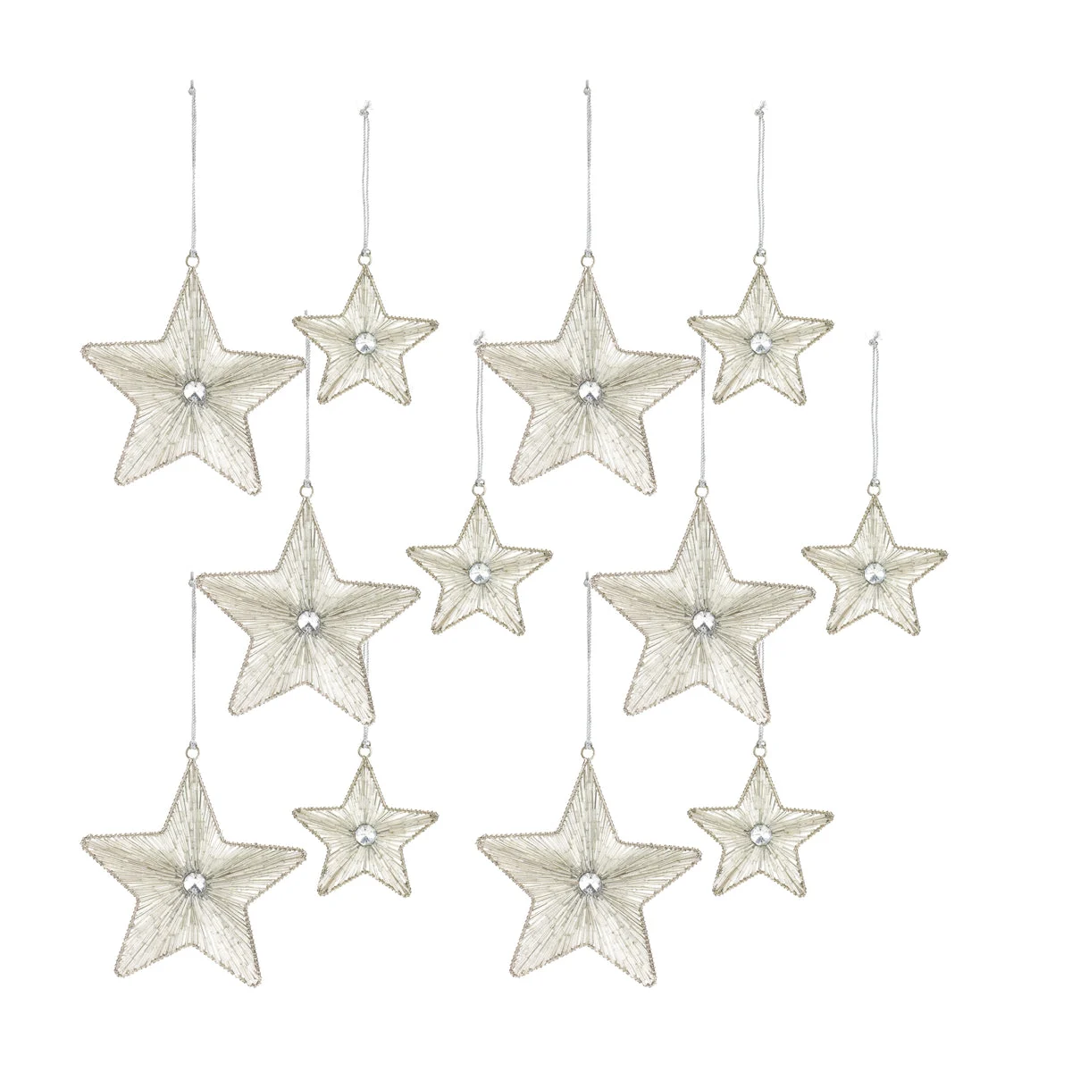 Silver Beaded Metal Star Ornaments – Set of 12, Christmas Tree Decor in Assorted Sizes by Melrose