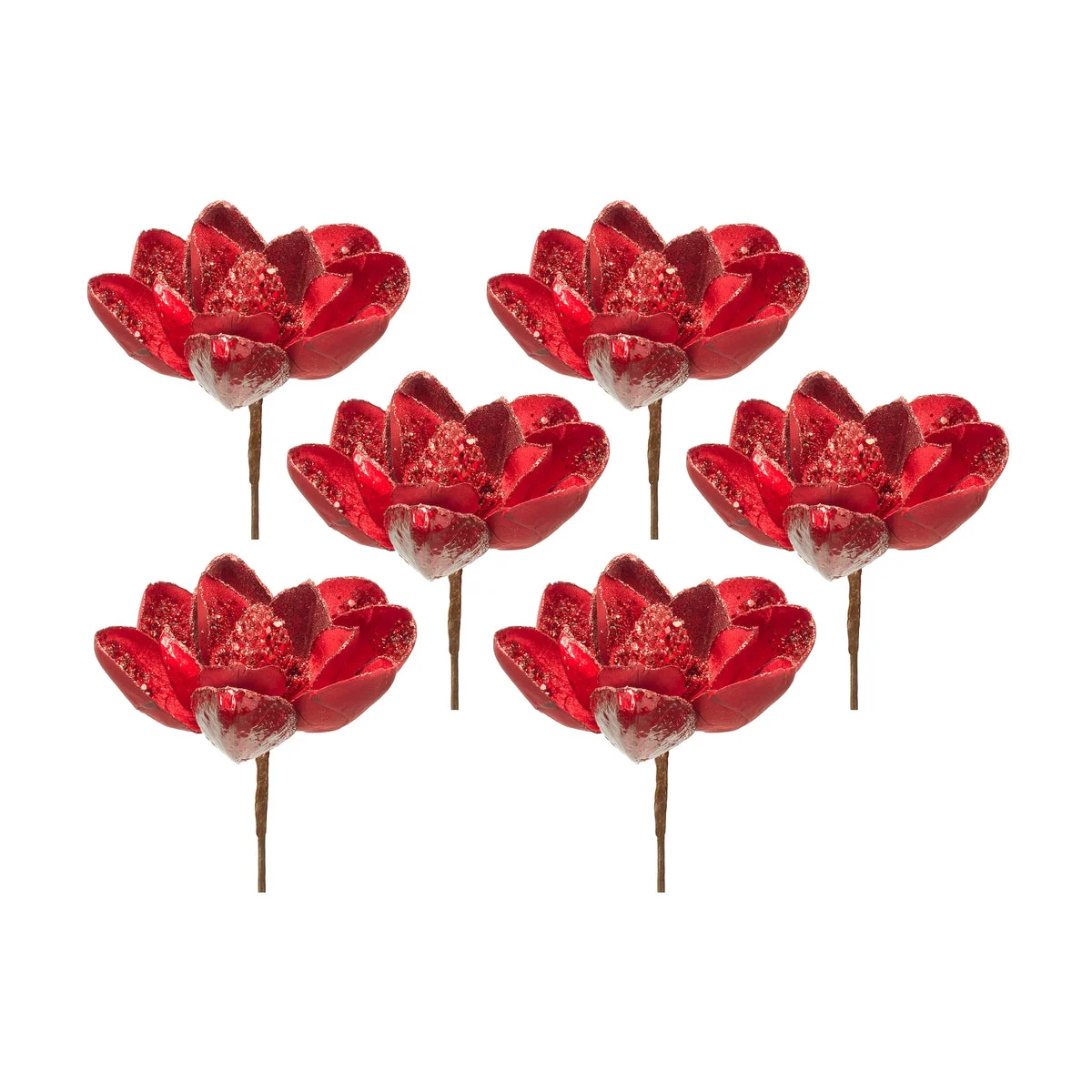 Red Velvet Magnolia Floral Stems – 29"H Beaded Holiday Arrangement Picks, Set of 6 by Melrose