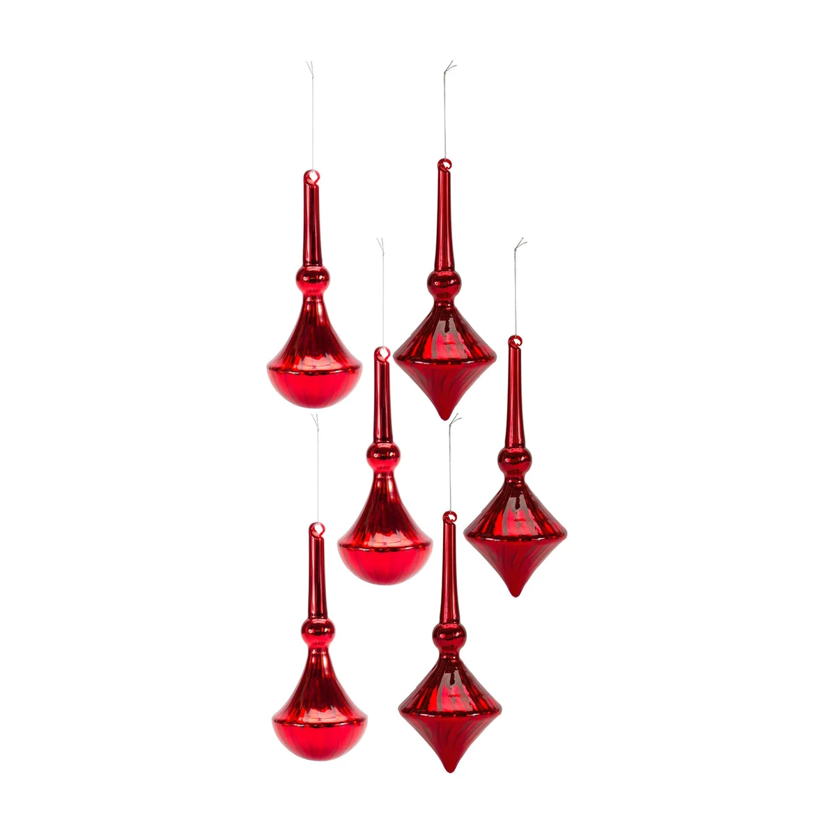 Modern Red Glass Finial & Drop Christmas Ornaments, Set of 6 – 10.5"H Tall Holiday Tree Decor by Melrose