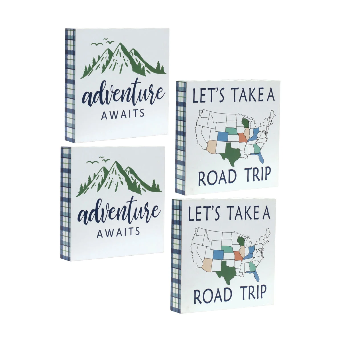 Adventure Sentiment Wall Signs – 8" Square Rustic MDF Block Art with Travel Quotes (Set of 4) By Melrose