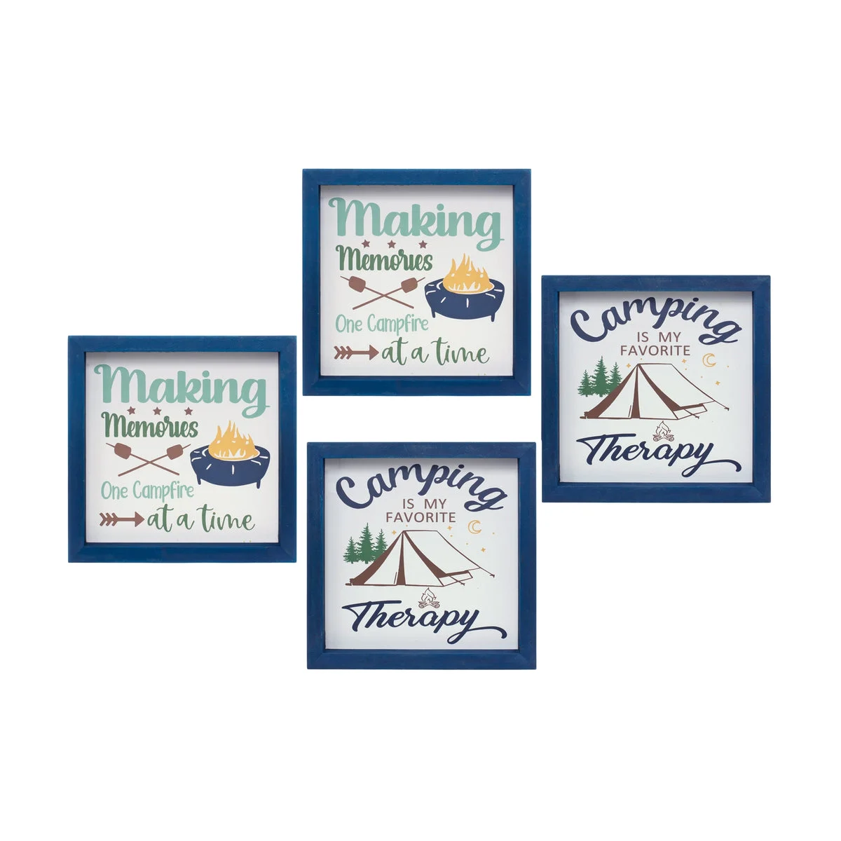 Camping Sentiment Wall Art – 10"SQ Wood-Framed Indoor Signs with Nature Motifs (Set of 4) Rustic Cabin & Camper Decor by Melrose