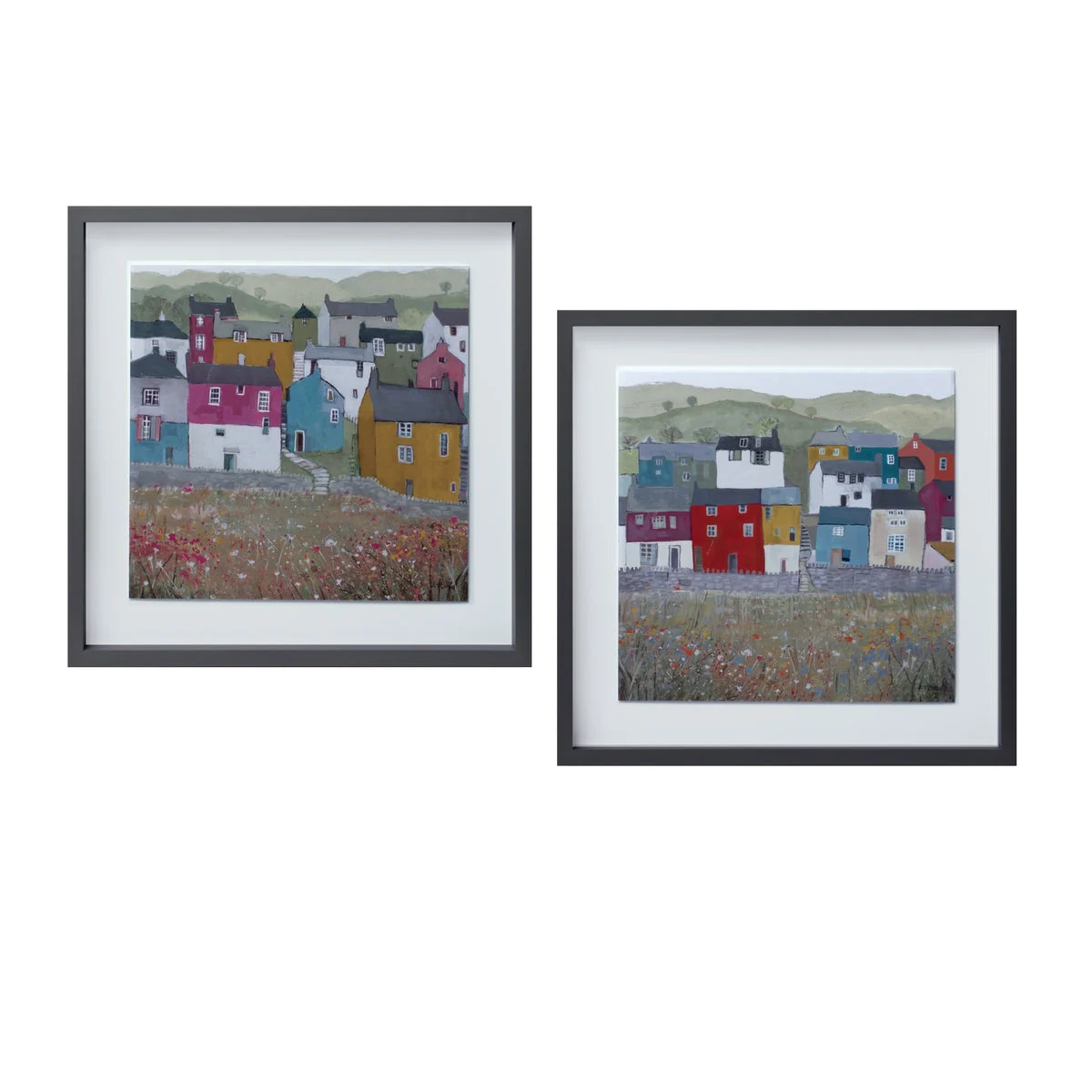 House Print Wall Art – 15.5" Square Grey, Blue & Green Wood Framed Urban Cityscape Decor (Set of 2) by Melrose
