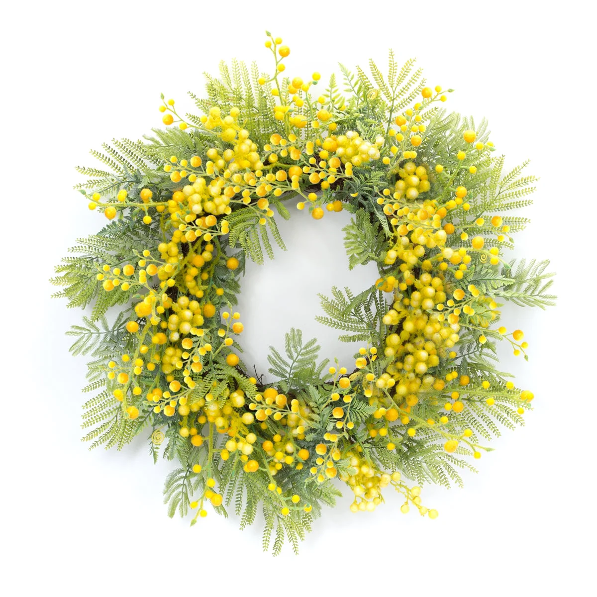 Fern & Mimosa Wreath – 27"D Lifelike Green Foliage & Yellow Berry Accent Door Wreath By Melrose