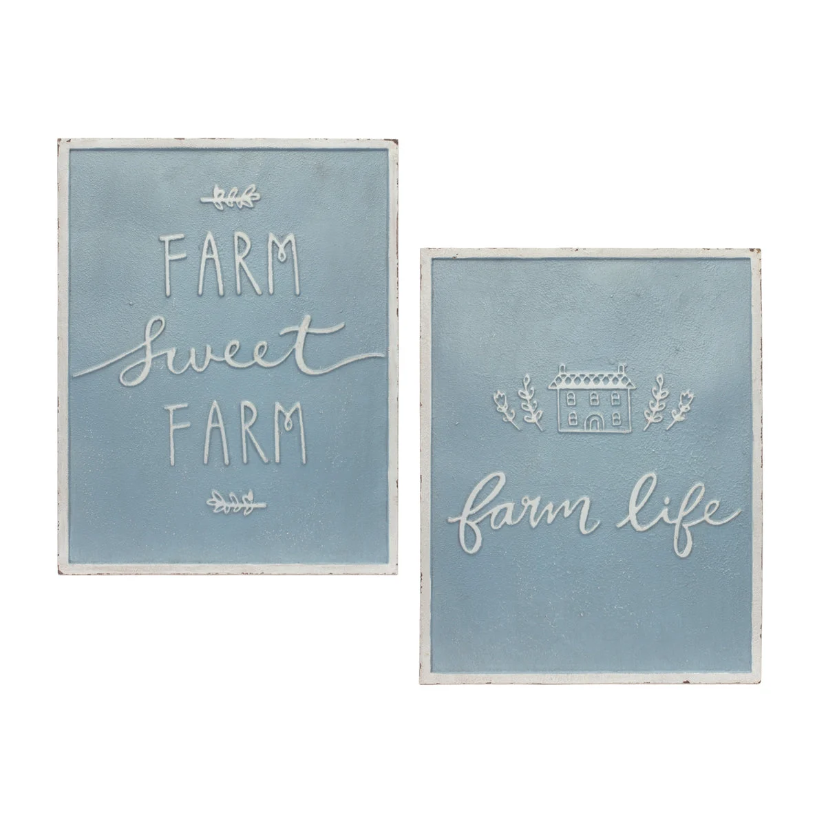 Metal Farm Life Sentiment Sign (Set of 2) – 18"H Blue & White Rustic Farmhouse Wall Decor by Melrose
