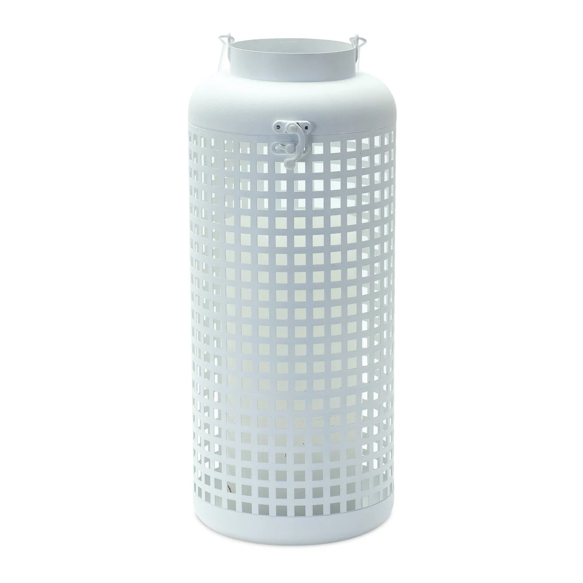 White Punched Metal Candle Holder – 14"H Modern Iron Lantern with Square Cutout Pattern by Melrose