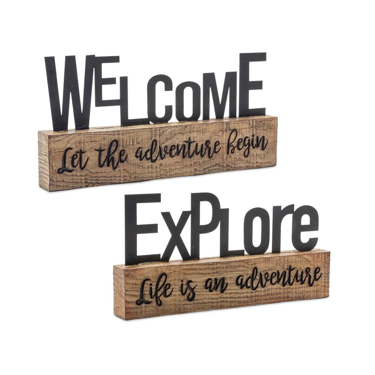 Explore & Welcome Tabletop Sentiment Signs – Faux Wood Polyresin Decorative Accents (Set of 2) by Melrose