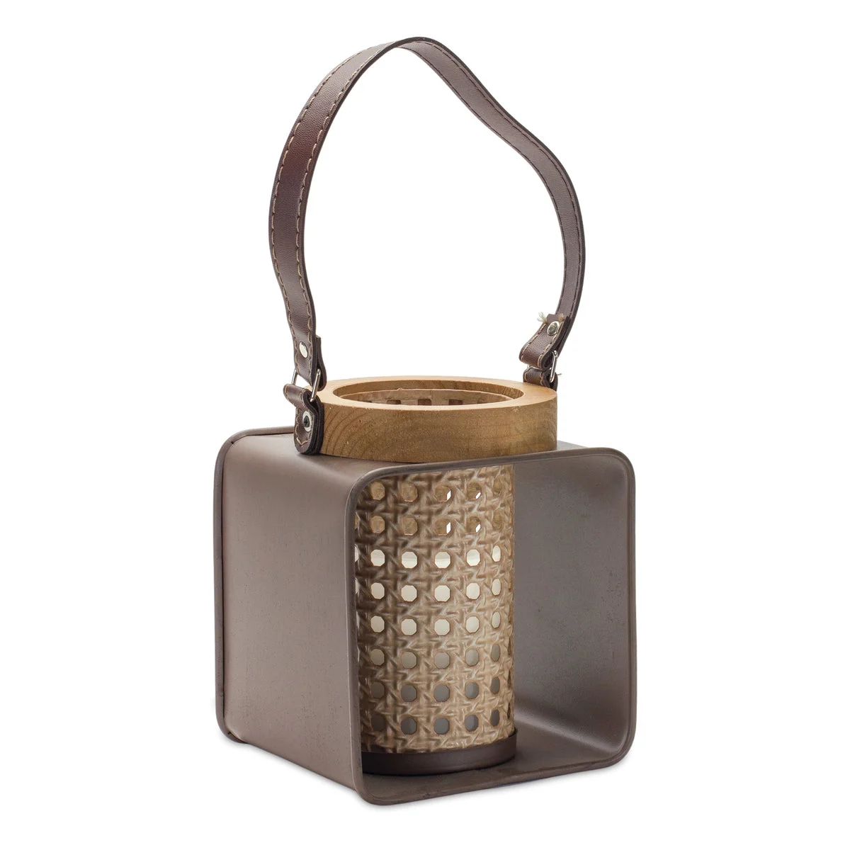 Metal Candle Holder with Wood and Leather Accents 7.25"H by Melrose