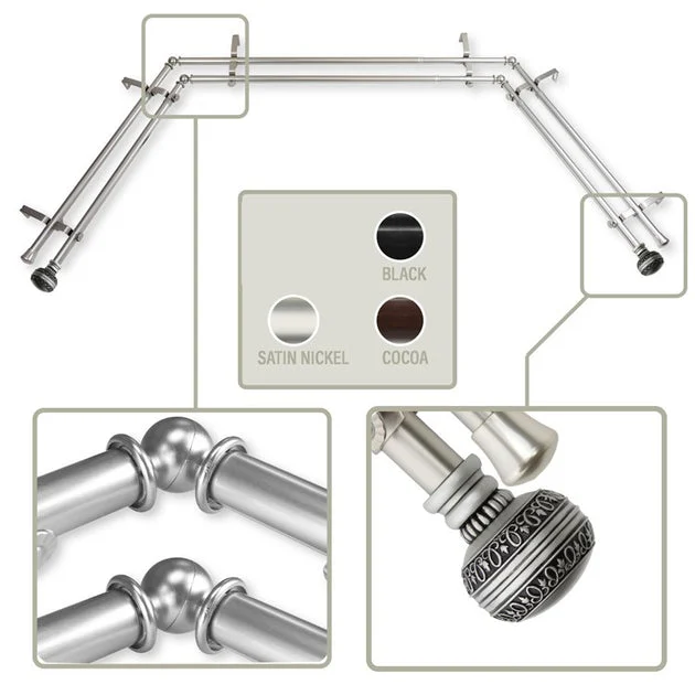 Margo 13/16" Bay Window Double Curtain Rod 20" - 36", 38" - 72" Long - Satin Nickel